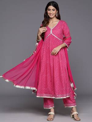Women Leheriya Printed Empire Gotta Patti Pure Cotton Kurta with Trousers & With Dupatta 5