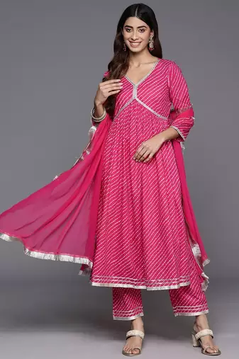 Women Leheriya Printed Empire Gotta Patti Pure Cotton Kurta with Trousers & With Dupatta