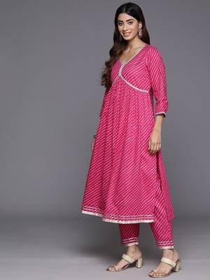 Women Leheriya Printed Empire Gotta Patti Pure Cotton Kurta with Trousers & With Dupatta 6