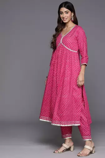 Women Leheriya Printed Empire Gotta Patti Pure Cotton Kurta with Trousers & With Dupatta