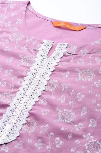 Women Lavender & White Floral Printed Gotta Patti Kurta with Palazzos & Dupatta