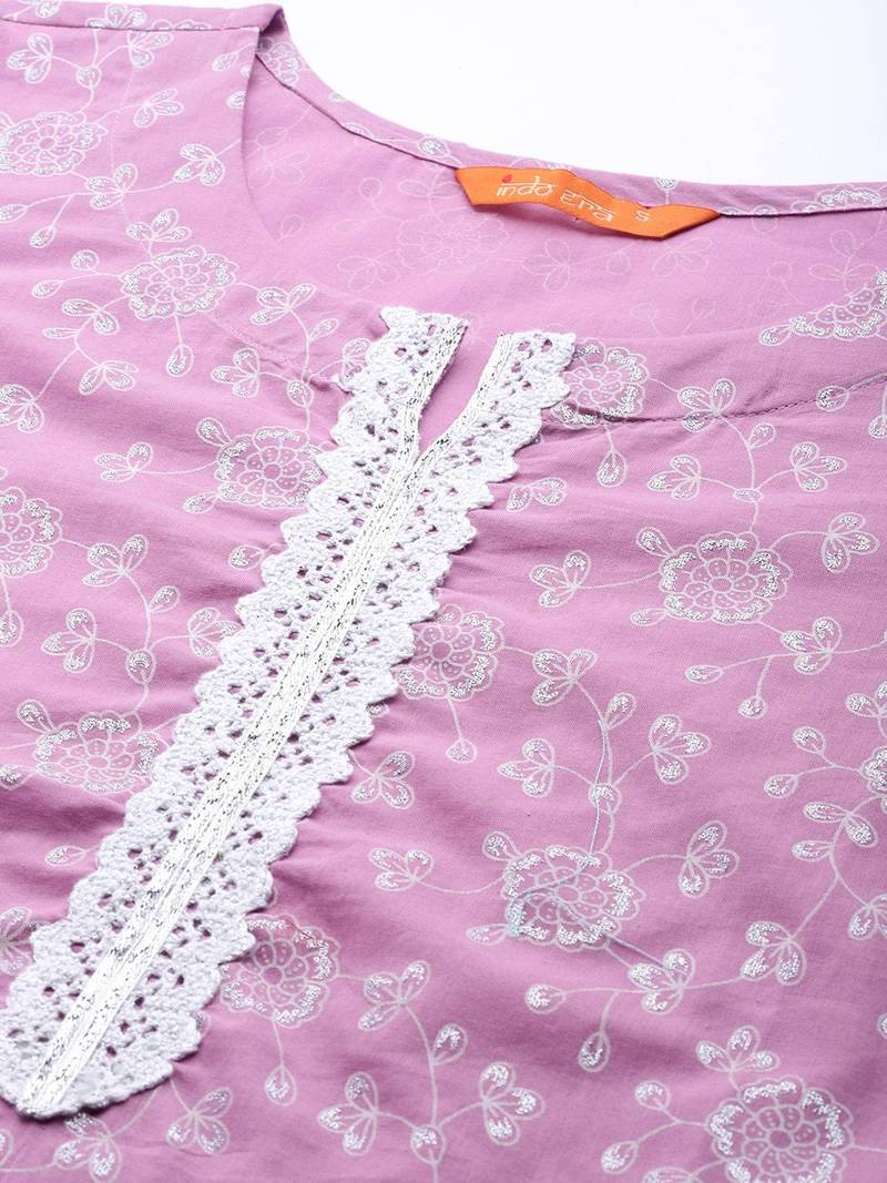 Women Lavender & White Floral Printed Gotta Patti Kurta with Palazzos & Dupatta