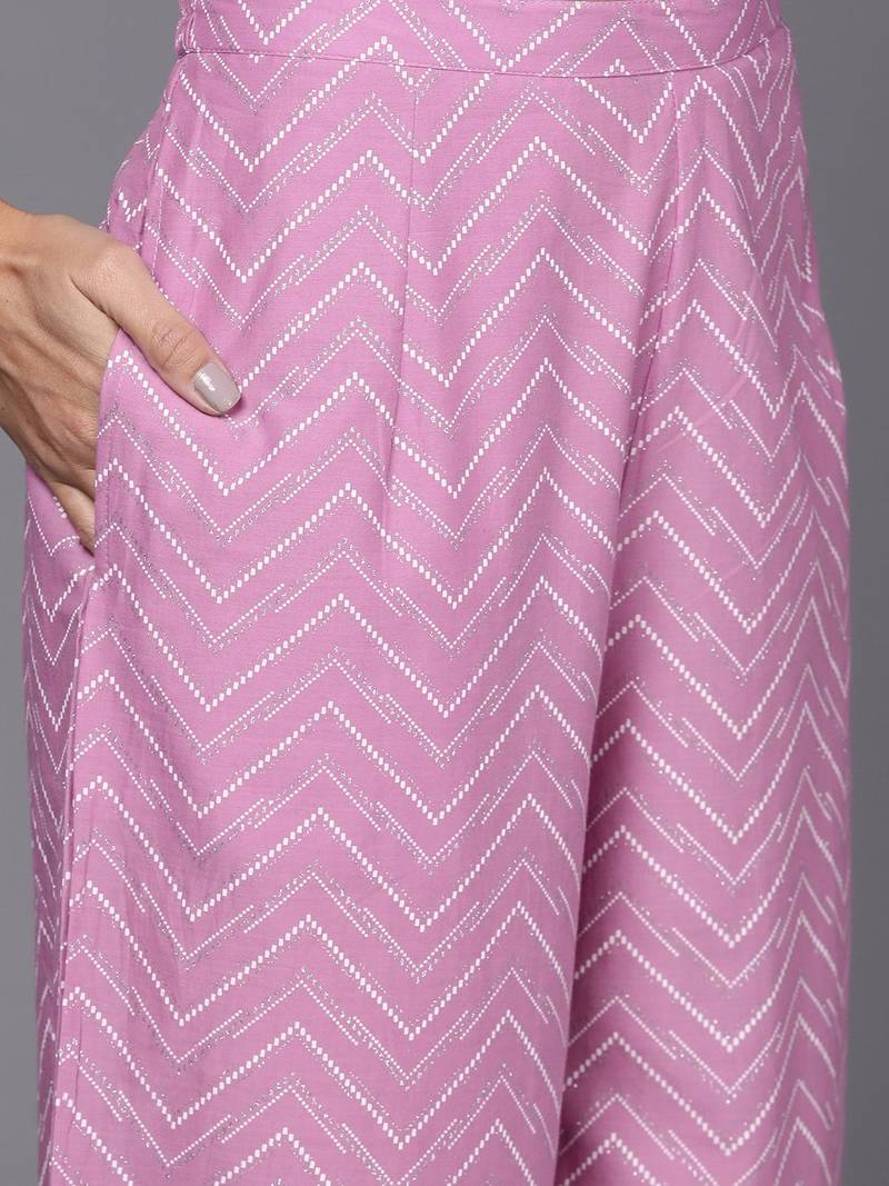 Women Lavender & White Floral Printed Gotta Patti Kurta with Palazzos & Dupatta