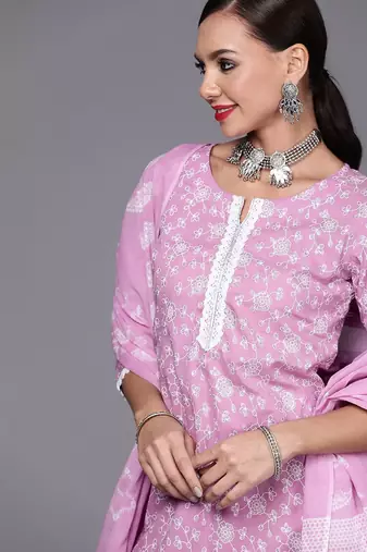 Women Lavender & White Floral Printed Gotta Patti Kurta with Palazzos & Dupatta