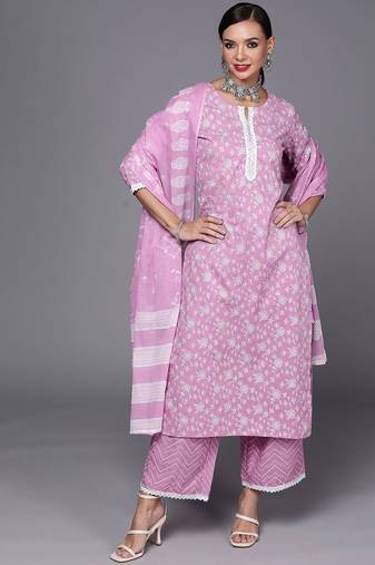 Women Lavender & White Floral Printed Gotta Patti Kurta with Palazzos & Dupatta
