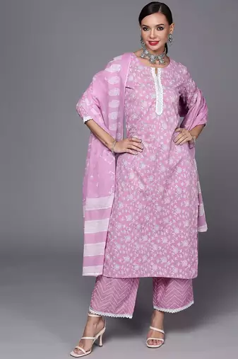 Women Lavender & White Floral Printed Gotta Patti Kurta with Palazzos & Dupatta