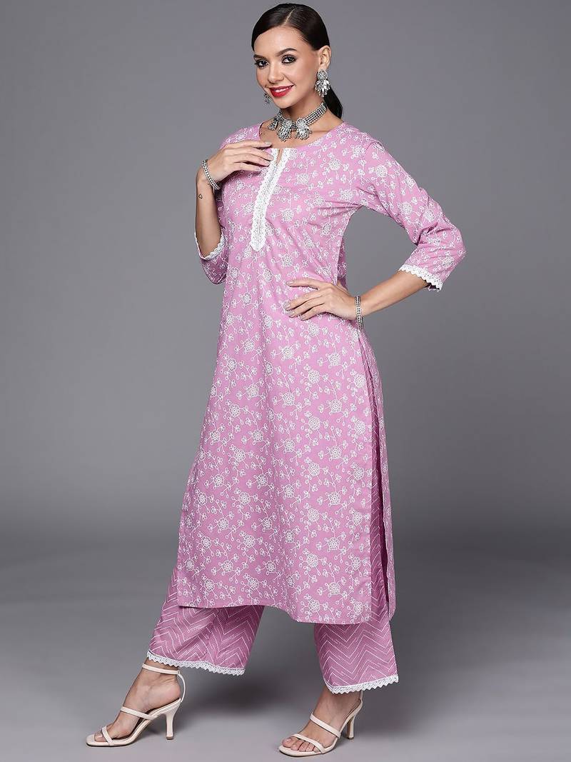 Women Lavender & White Floral Printed Gotta Patti Kurta with Palazzos & Dupatta