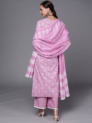 Women Lavender & White Floral Printed Gotta Patti Kurta with Palazzos & Dupatta 8