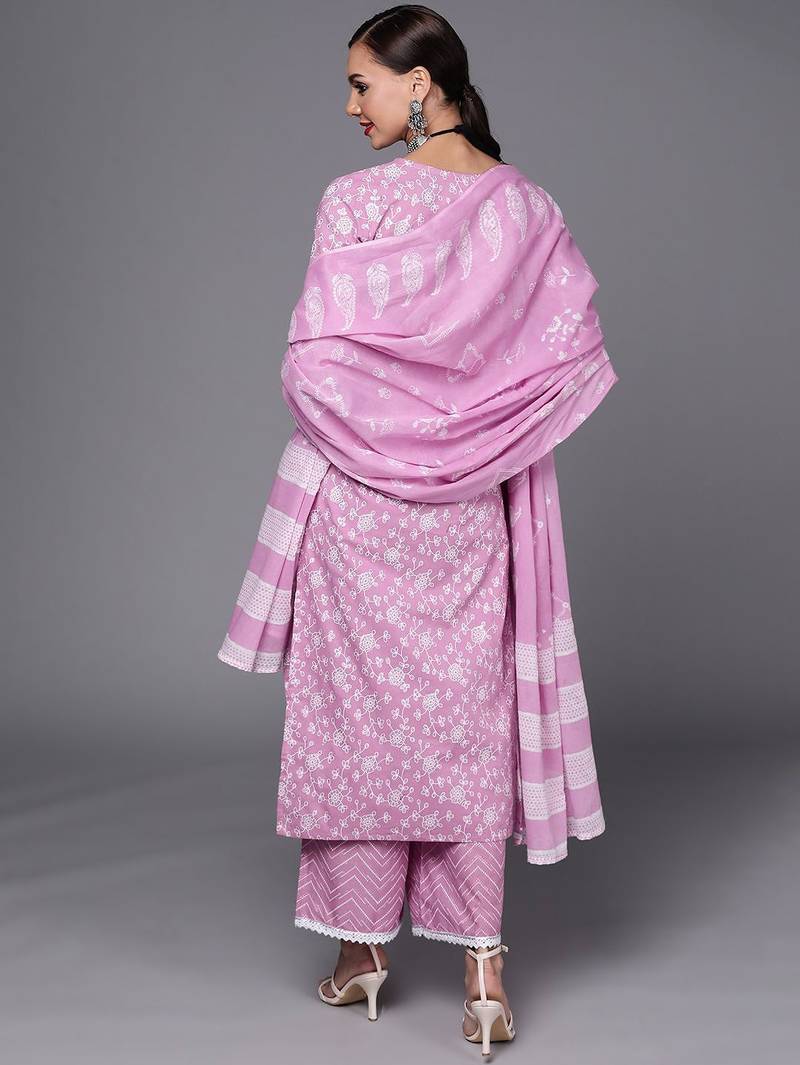 Women Lavender & White Floral Printed Gotta Patti Kurta with Palazzos & Dupatta