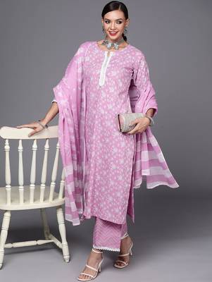 Women Lavender & White Floral Printed Gotta Patti Kurta with Palazzos & Dupatta 9