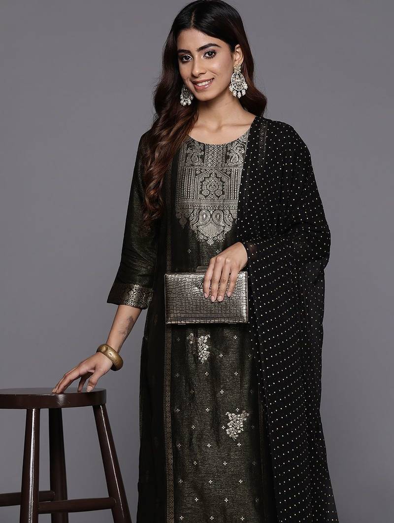 Women Woven Design Regular Kurta with Trousers & With Dupatta