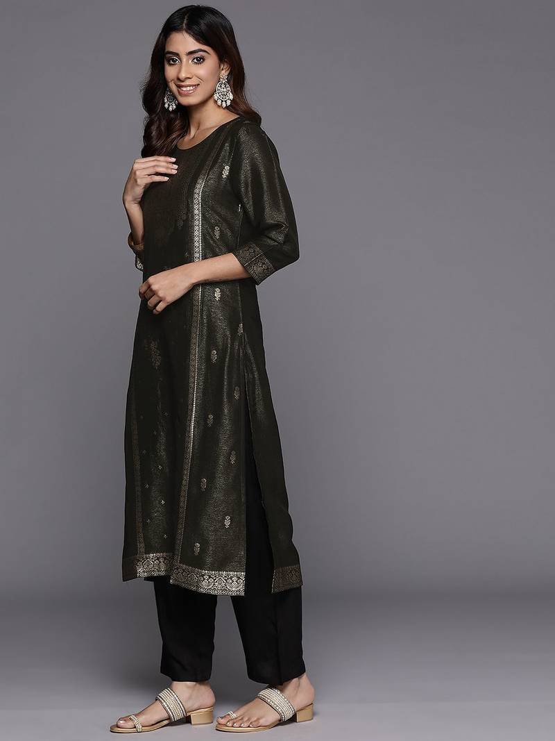 Women Woven Design Regular Kurta with Trousers & With Dupatta
