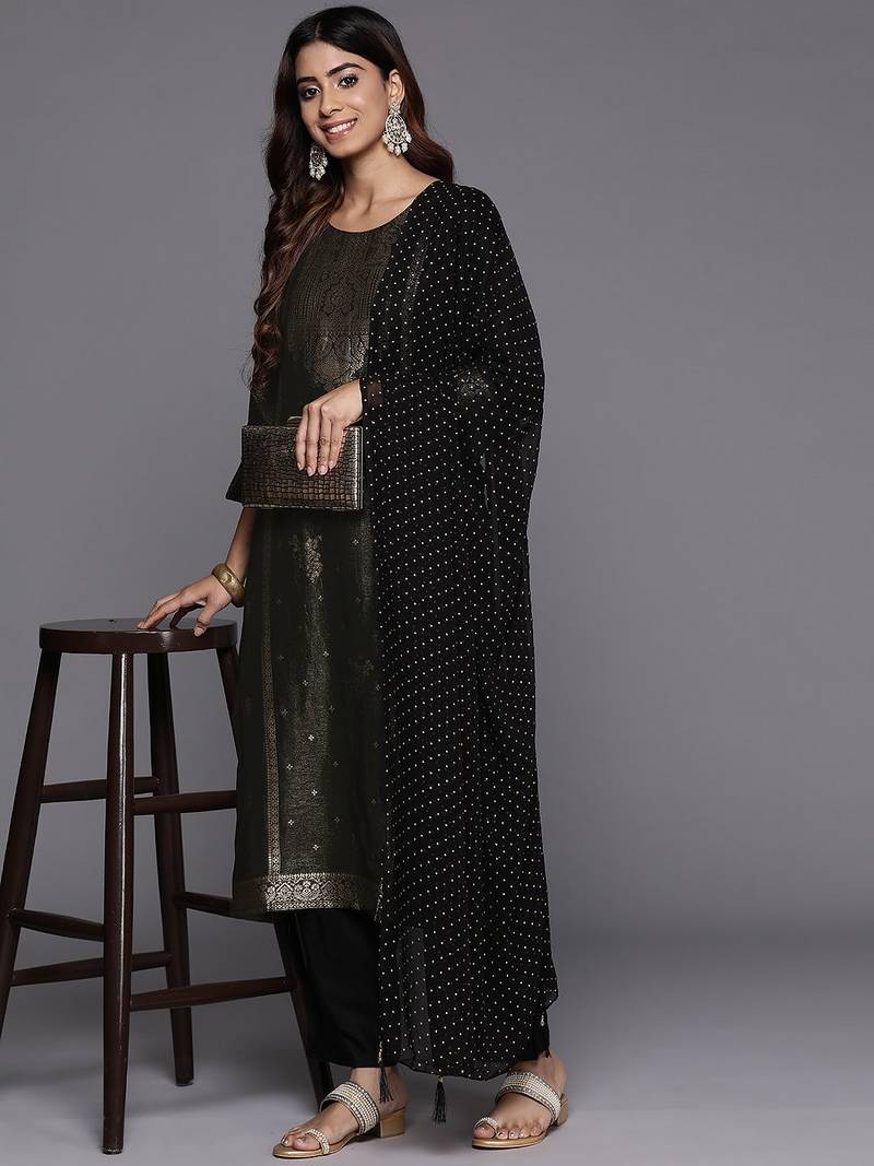 Women Woven Design Regular Kurta with Trousers & With Dupatta