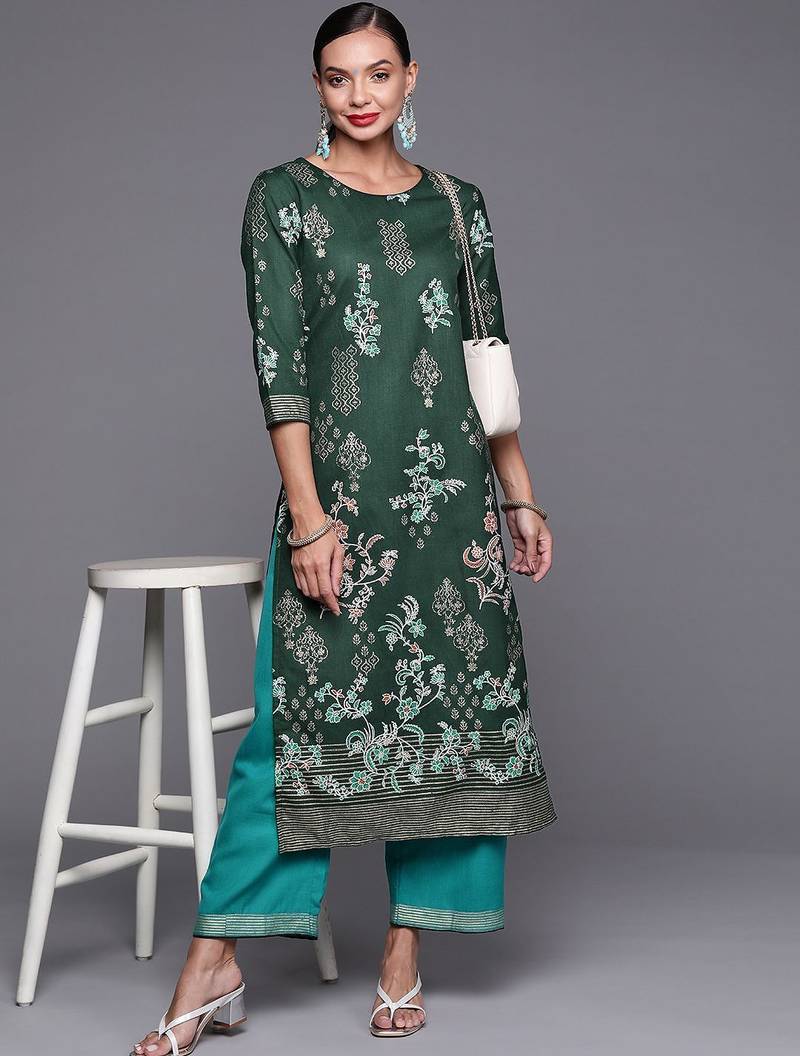 Women Green Ethnic Motifs Printed Kurta with Palazzos