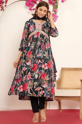 Black Gotta Patti Floral Embroidered V-Neck Empire Kurta With Trousers & Dupatta