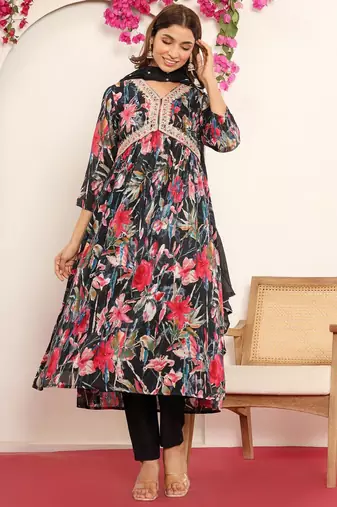 Black Gotta Patti Floral Embroidered V-Neck Empire Kurta With Trousers & Dupatta