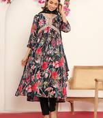 Black Gotta Patti Floral Embroidered V-Neck Empire Kurta With Trousers & Dupatta