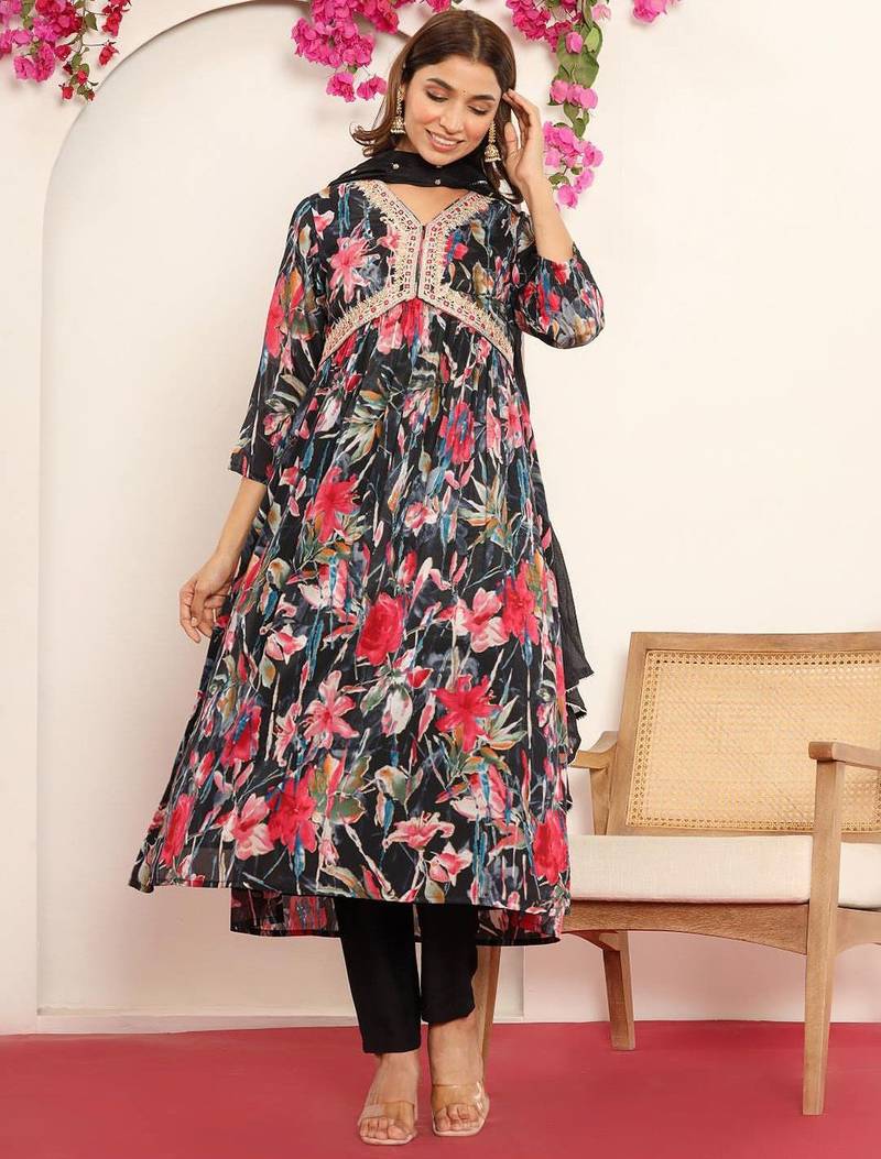 Black Gotta Patti Floral Embroidered V-Neck Empire Kurta With Trousers & Dupatta