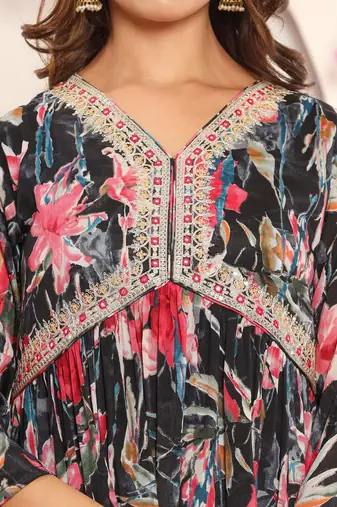 Black Gotta Patti Floral Embroidered V-Neck Empire Kurta With Trousers & Dupatta