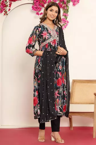 Black Gotta Patti Floral Embroidered V-Neck Empire Kurta With Trousers & Dupatta