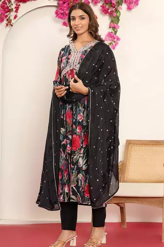 Black Gotta Patti Floral Embroidered V-Neck Empire Kurta With Trousers & Dupatta