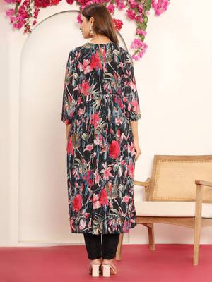 Black Gotta Patti Floral Embroidered V-Neck Empire Kurta With Trousers & Dupatta 7