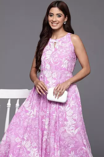 Floral Printed Keyhole Neck Pure Cotton Anarkali Kurta with Palazzos