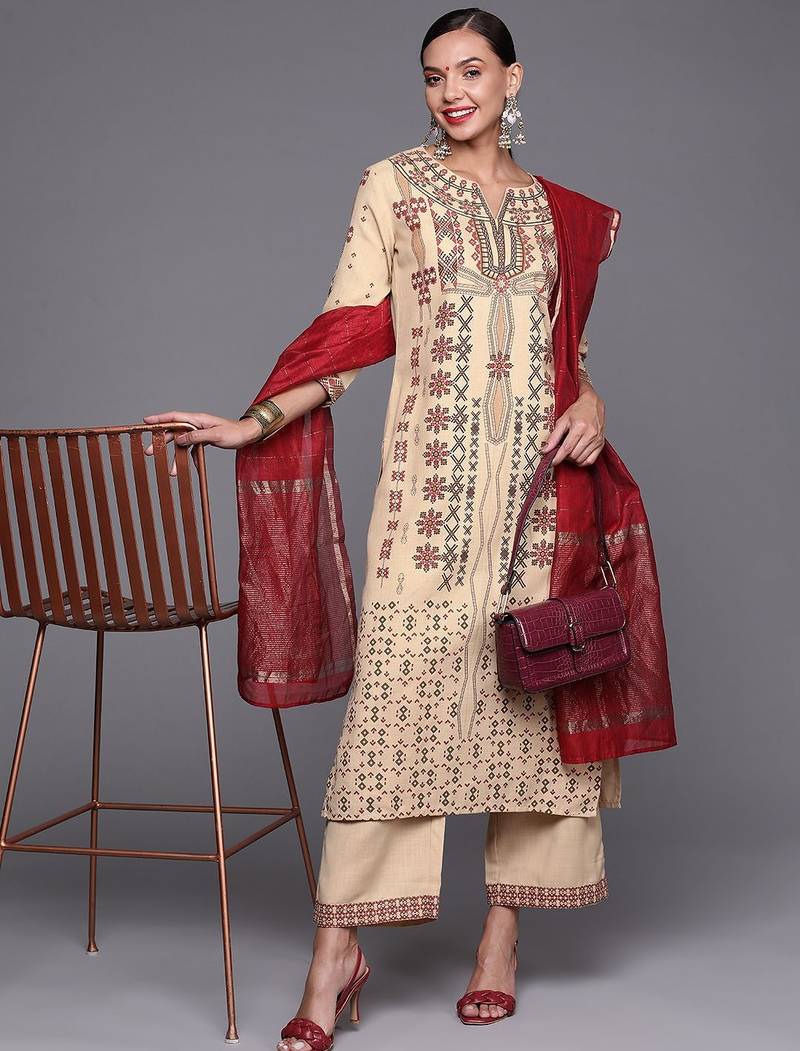 Women Yellow & Red Ethnic Motifs Printed Kurta with Palazzos & With Dupatta