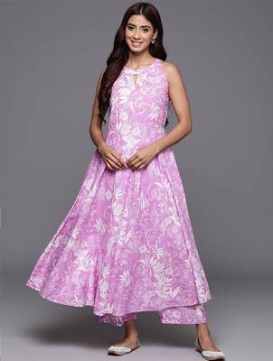 Floral Printed Keyhole Neck Pure Cotton Anarkali Kurta with Palazzos 1