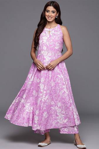 Floral Printed Keyhole Neck Pure Cotton Anarkali Kurta with Palazzos