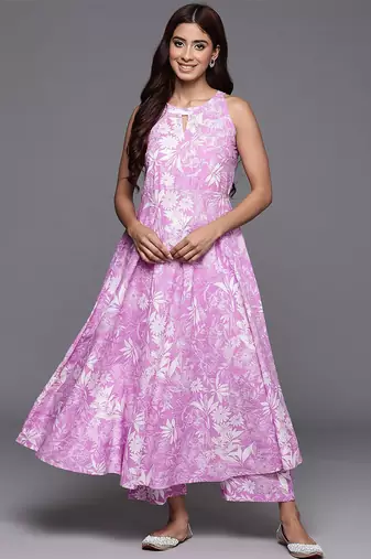 Floral Printed Keyhole Neck Pure Cotton Anarkali Kurta with Palazzos