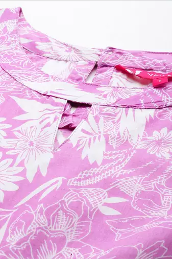 Floral Printed Keyhole Neck Pure Cotton Anarkali Kurta with Palazzos