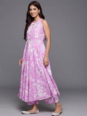 Floral Printed Keyhole Neck Pure Cotton Anarkali Kurta with Palazzos 5