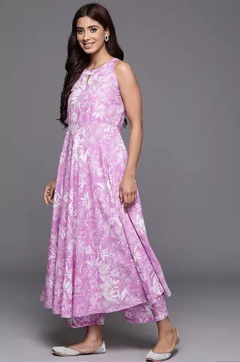 Floral Printed Keyhole Neck Pure Cotton Anarkali Kurta with Palazzos