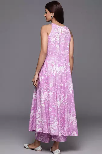 Floral Printed Keyhole Neck Pure Cotton Anarkali Kurta with Palazzos