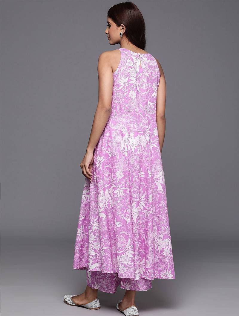 Floral Printed Keyhole Neck Pure Cotton Anarkali Kurta with Palazzos