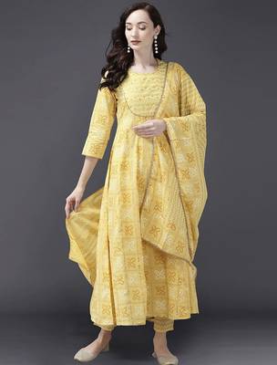Women Yellow & White Bandhani Sequinned Kurta with Trousers & With Dupatta 1