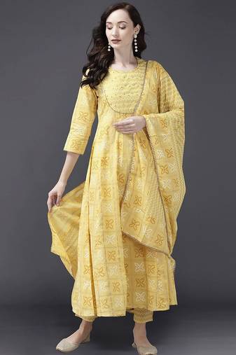 Women Yellow & White Bandhani Sequinned Kurta with Trousers & With Dupatta