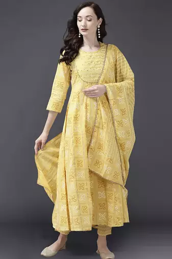 Women Yellow & White Bandhani Sequinned Kurta with Trousers & With Dupatta