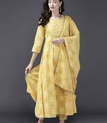 Women Yellow & White Bandhani Sequinned Kurta with Trousers & With Dupatta