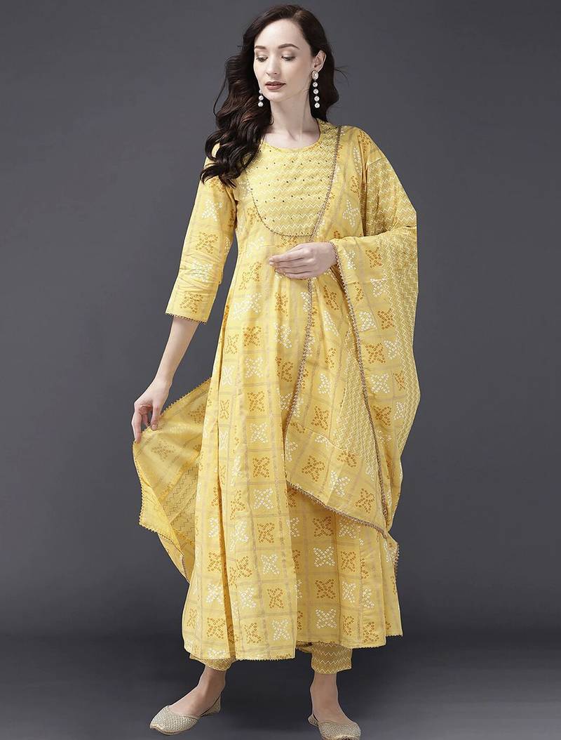 Women Yellow & White Bandhani Sequinned Kurta with Trousers & With Dupatta