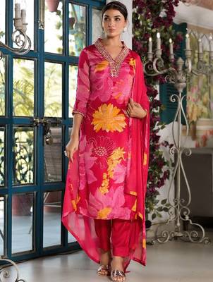 V-Neck Mirror Embellished Straight Kurta With Trousers & Chiffon Dupatta 1
