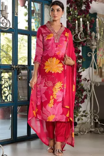 V-Neck Mirror Embellished Straight Kurta With Trousers & Chiffon Dupatta