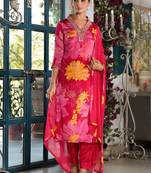 V-Neck Mirror Embellished Straight Kurta With Trousers & Chiffon Dupatta