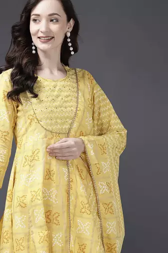 Women Yellow & White Bandhani Sequinned Kurta with Trousers & With Dupatta