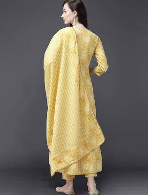 Women Yellow & White Bandhani Sequinned Kurta with Trousers & With Dupatta 5