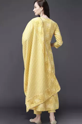 Women Yellow & White Bandhani Sequinned Kurta with Trousers & With Dupatta