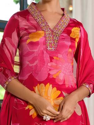 V-Neck Mirror Embellished Straight Kurta With Trousers & Chiffon Dupatta 2