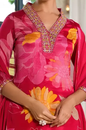 V-Neck Mirror Embellished Straight Kurta With Trousers & Chiffon Dupatta