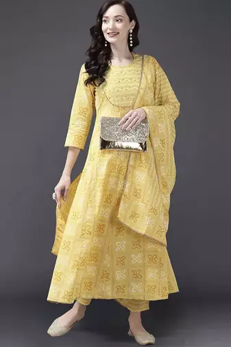 Women Yellow & White Bandhani Sequinned Kurta with Trousers & With Dupatta